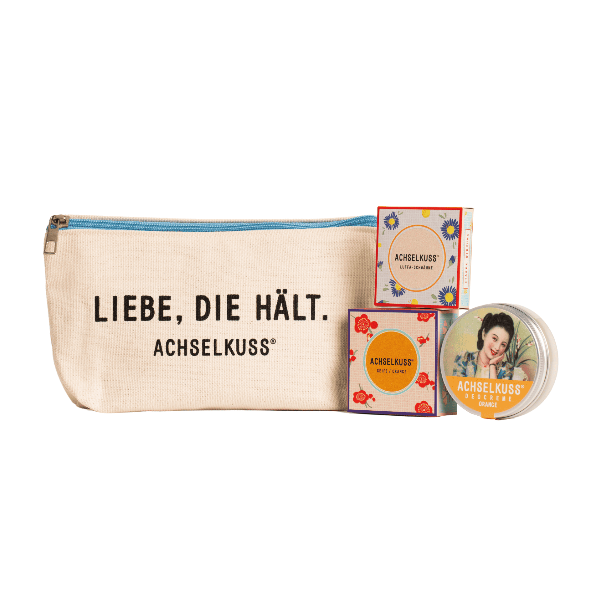 ACHSELKUSS Reiseset mit Deocreme Orange, Luffa-Schwämme und Seife